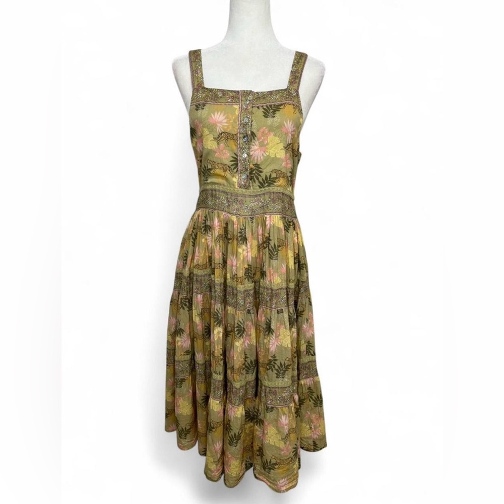 Guadalupe flowy green and pink leopard jungle midi dress.